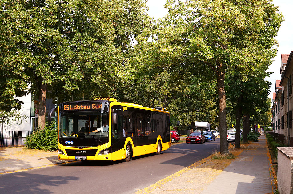 Ein DVB Bus in der Hepkestraße zwischen den Haltestellen Kurzer Schritt und Junghansstraße