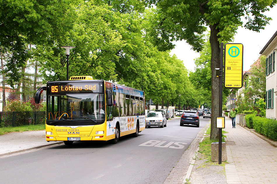 Die Bushaltestelle Junghansstraße in Dresden-Gruna in der Hepkestraße
