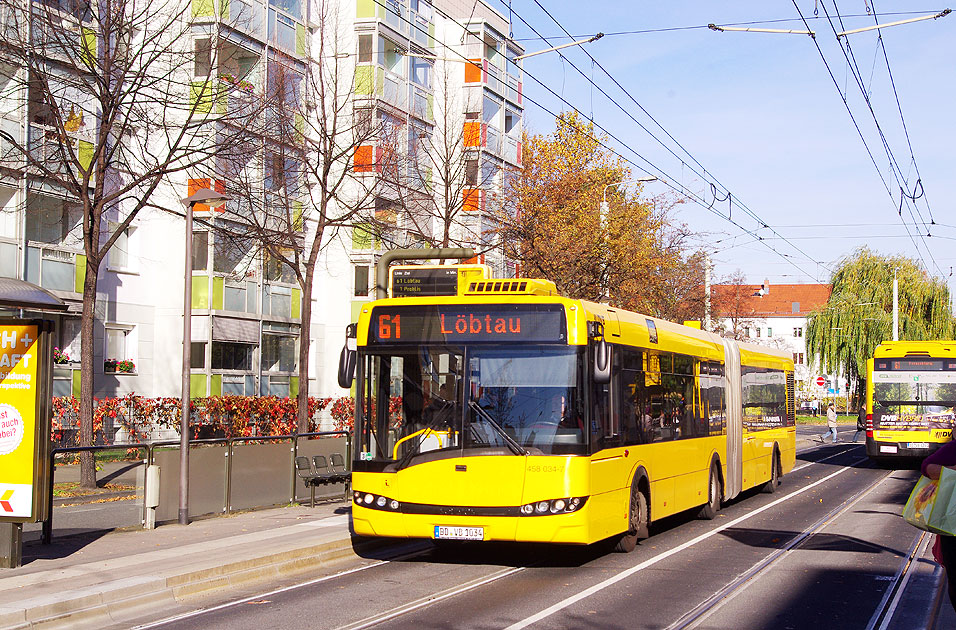 DVB Bus an der Haltestelle Zwinglistraße in Dresden - ein Solaris Gelenkbus