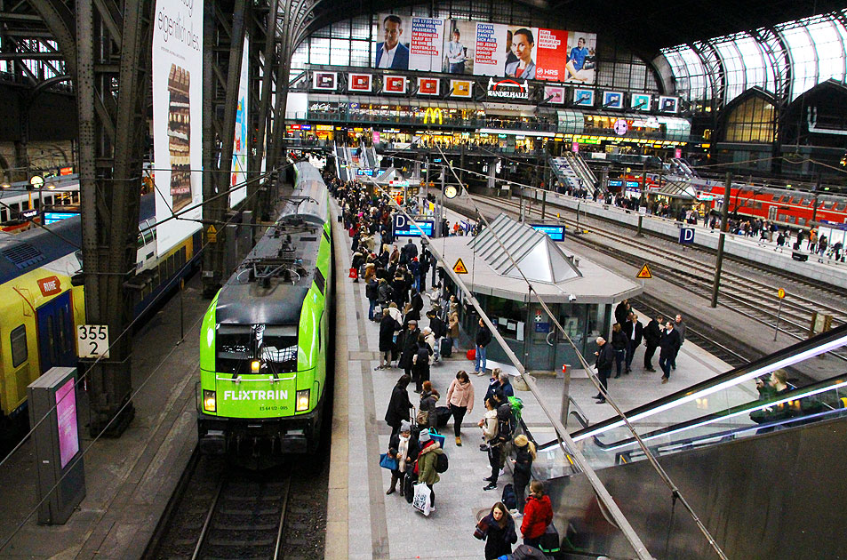 Ein Flixtrain im Hamburger Hauptbahnhof