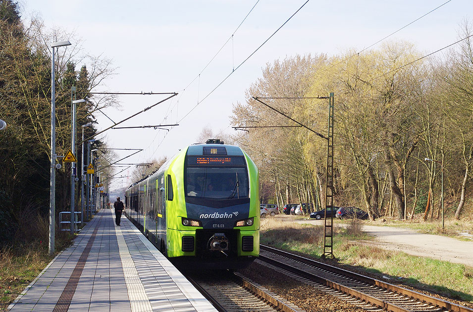 Ein Nordbahn Flirt Triebwagen im Haltepunkt Prisdorf
