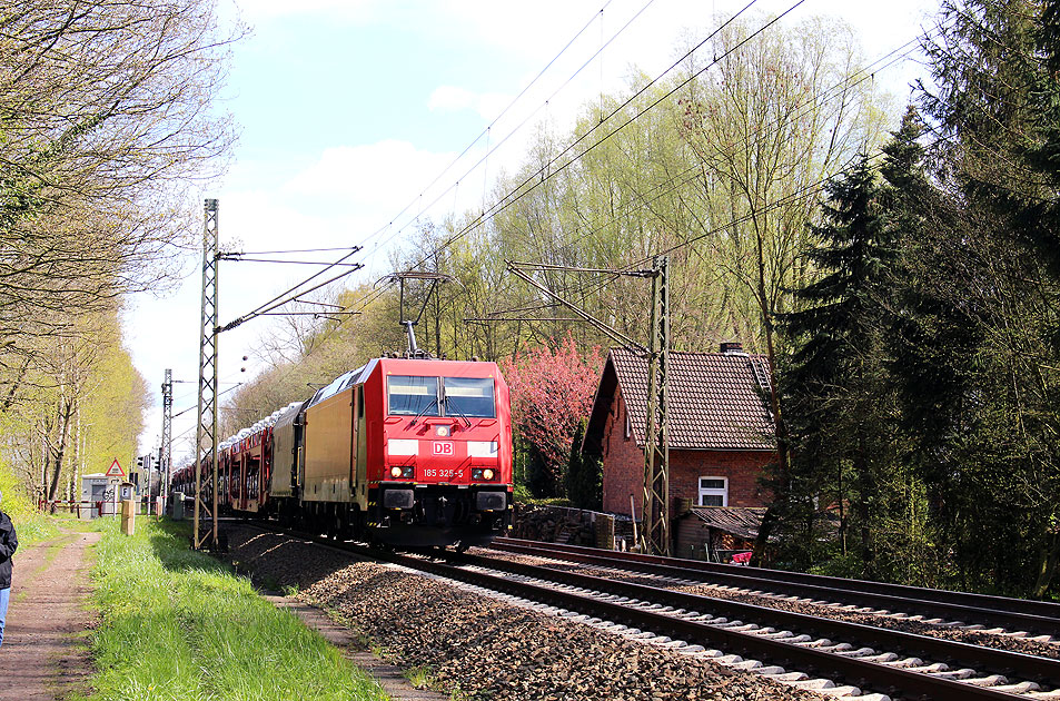 Eine Lok der Baureihe 185 mit einem Güterzug im Bahnhof Prisdorf
