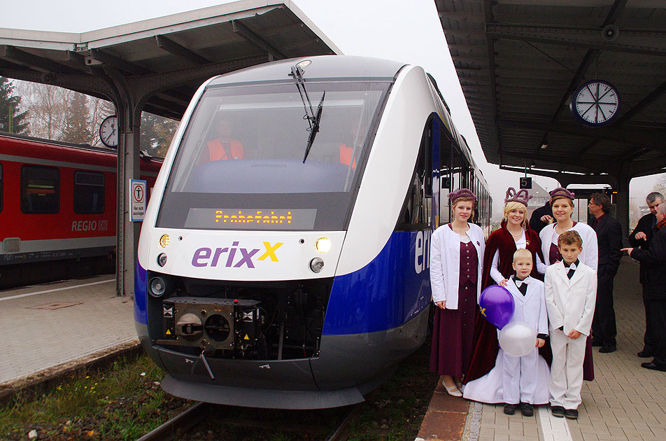 Ein Erixx Lint mit der Heidekönigin im Bahnhof Soltau