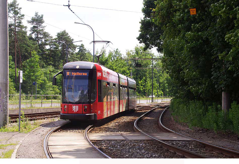 Die Straßenbahn in Dresden an der Haltestelle Abzweig nach Hellerau