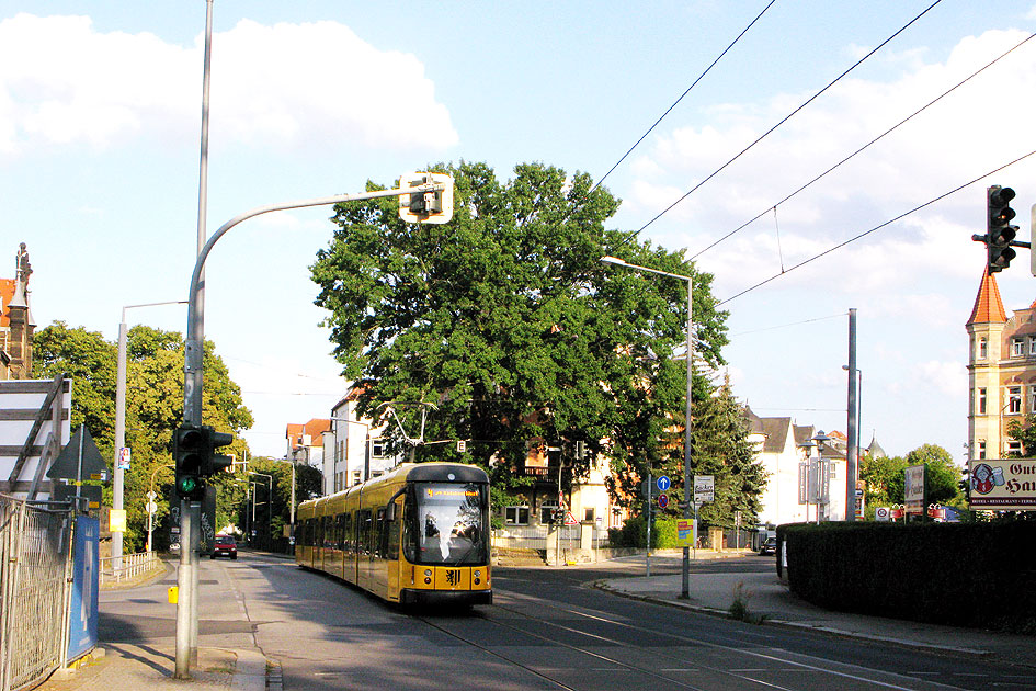 Die Straßenbahn in Dresden an der Haltestelle Wasserwerk Tolkewitz