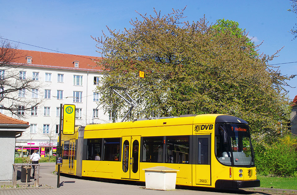 Die Straßenbahn in Dresden an der Haltestelle Südvorstadt