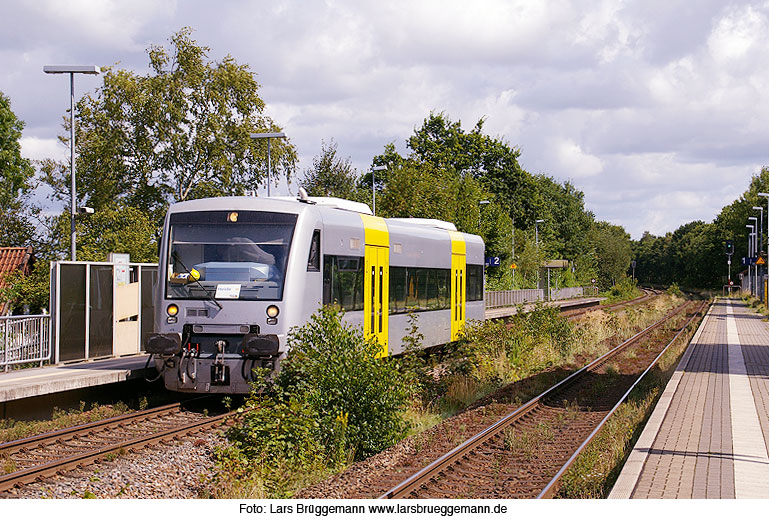 Ein Stadler Regio Shuttle der Nord-Ostsee-Bahn - NOB im Bahnhof Burg in Dithmarschen an der Marschbahn