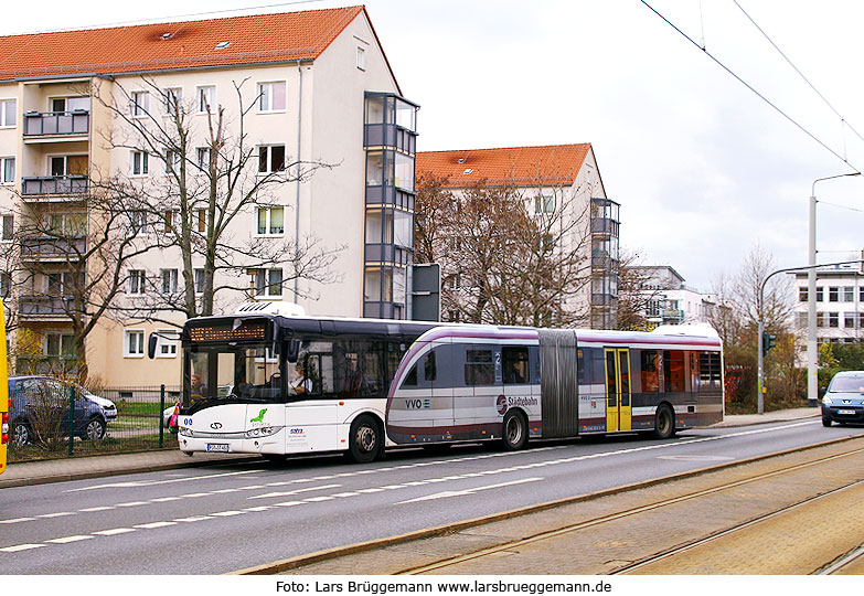 Satra Eberhardt Bus mit Werbung für den VVO und einem Desiro der Städtebahn Sachsen