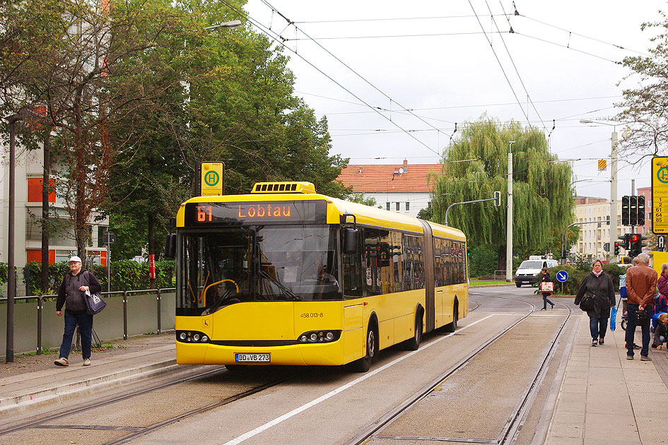 DVB Bus an der Haltestelle Zwinglistraße in Dresden - ein Solaris Gelenkbus