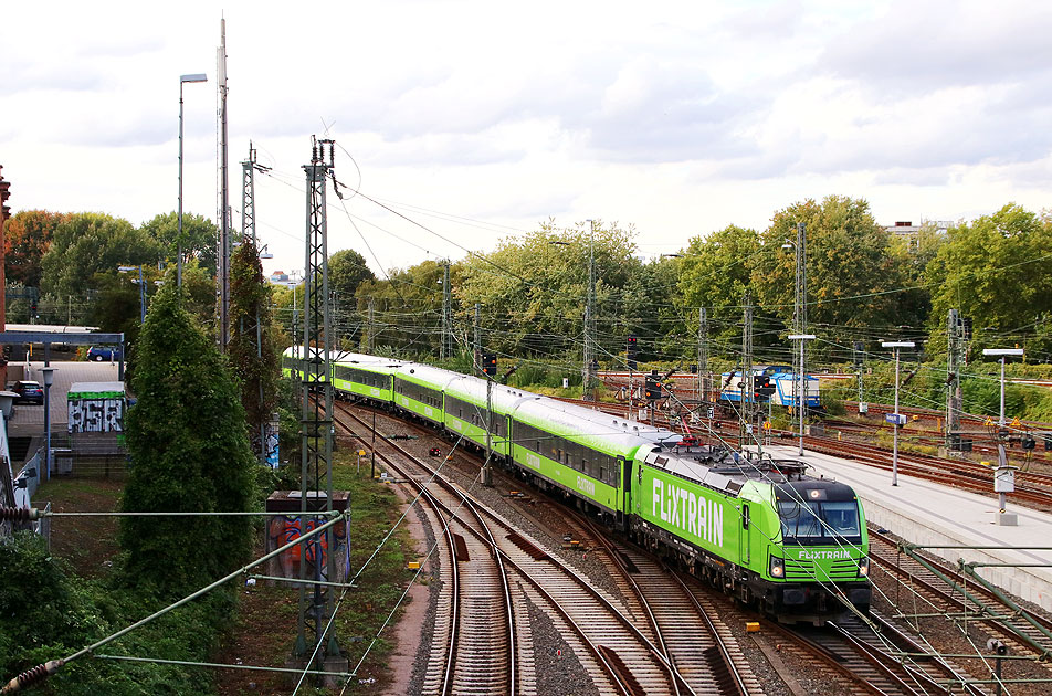 Die Verbindungsbahn in Hamburg: Ein Flixtrain nach Köln Hbf fährt in Hamburg Hbf ein