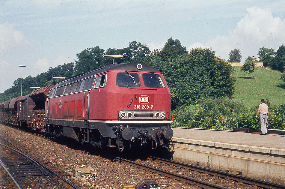 Die 218 208-7 mit einem Güterzug im Bahnhof Hersbruck rechts der Pegnitz