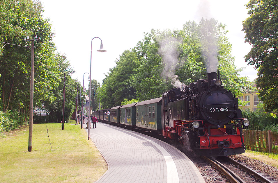 Dampfzug - Dampflok im Haltepunkt Weißes Roß auf der Lößnitzgrundbahn