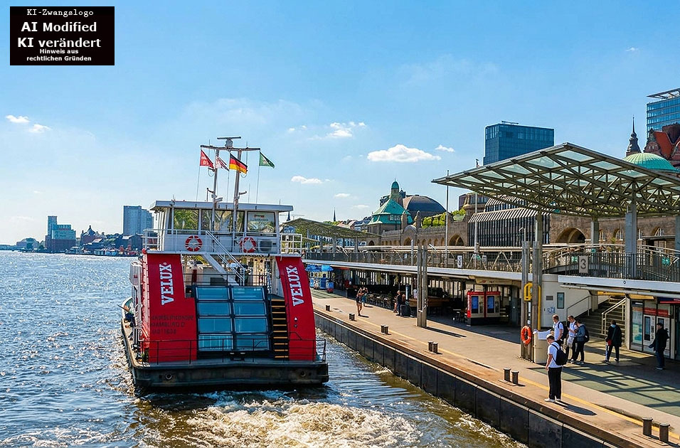 Die HADAG F&auml;hre Hamburgensie an den Landungsbr&uuml;cken in Hamburg