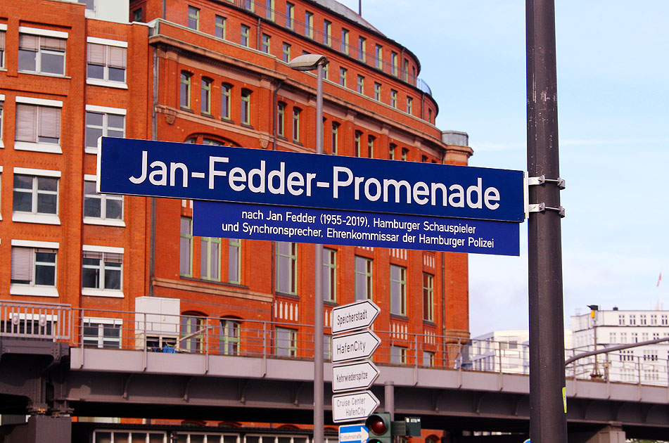 Ein Straßenschild von der Jan-Fedder-Promenade